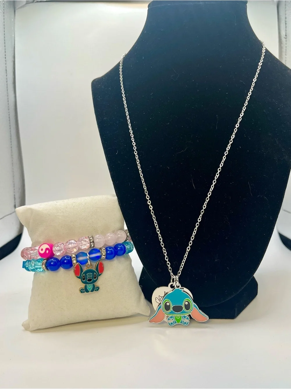 Cute Blue Stitch-Style Kids Necklace and Bracelet Set